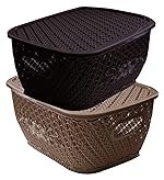 Kuber Industries Plastic 2 Pieces Large Size Multipurpose Solitaire Storage Basket for Kitchen, Office, Bedroom, Bath Room with Lid (Brown & Coffee) – CTKTC042677