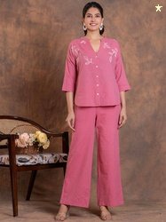 Sencei Embroidered Pure Cotton Shirt With Trousers