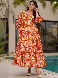 Wedani Print Puff Sleeve Linen A-Line Maxi Dress
