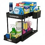 E-COSMOSÂ® 2-Tier Under Sink Organizer – Pull Out Cabinet Storage with Hooks & Hanging Cup, Multi-Purpose Under Bathroom Sink Organizer and Storage, Kitchen Cabinet Organizer,(Black)