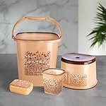 Nayasa Square Ring Funk Plastic Set for Bathroom | 18 Liters Bucket & 1.5 Liters Mug, Bathroom Accessories Set, Bathroom Bucket Set, Bucket, Mug, Stool & Soap Case, Brown – Bathroom Set of 4