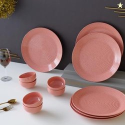 The Earth Store Spiral Pink Set of 12 Piece Ceramic Dinner Set, 6 Full