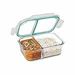 Signoraware Slim Borosilicate Glass Two Compartment Lunch box | Microwave & Dishwasher safe | Airtight & Leakproof | Retain Freshness | Ideal for Office, College or outdoor use (Clear | 600ml)