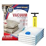 Unity Brand 5 Pack Vacuum Bags for Travel with Hand Pump Airtight Reusable Space Saver Compression Storage Bags for Packing, Vaccine Sealer Bags with Ziplock (1 Large/2 Medium/2 Small) (Pack Of 5)