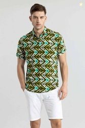 Snitch Men Printed Polo Neck Viscose Rayon Green T-Shirt