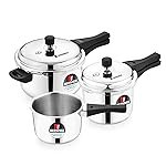 Bergner Sorrento Stainless Steel Outer Lid Pressure Cooker Set of 5L Cooker, 2L and 3L Cooker with Common Lid, Triply Base, Heavy Bottom, Easy Open and Close, Healthy Cooking – Induction Bottom