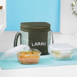 Larah Glassware Gracia Borosilicate Glass Lunchbox with Bag | Set of 2