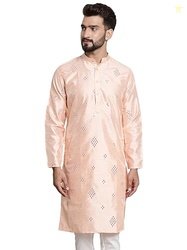SOJANYA (Since 1958 Men's Silk Blend Mirror Work Peach ONLY Long Kurta