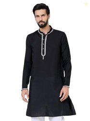 See Designs Men's Full Sleeve Mandarin Collar Black Chanderi Straight