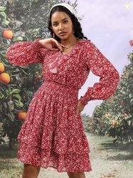 Tokyo Talkies Floral Printed Puff Sleeve Layered Fit & Flare Dress