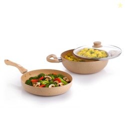 Crystal 225mm Kadai + 225mm Fry Pan with Glass Lid | 2Pcs Set| Sandal