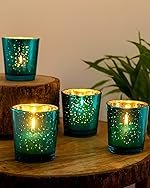 HomesakeÂ® Turquoise Mercury Silver T-Light Holder, Glass Candle Holder Stand with Free Candle
