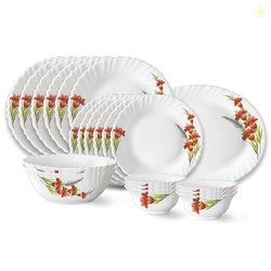 Larah by Borosil Red Iris Fluted Series Opalware Dinner Set | 21 Piece