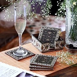 DULI Set of 6 MDF Wood Enamel Work Tea Coasters with Stand (10 * 10 cm