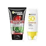 GARNIER Men Acno Fight Anti Pimple Face Wash 100g + Super UV Invisible Serum Sunscreen 30ml (2 Items in the set)