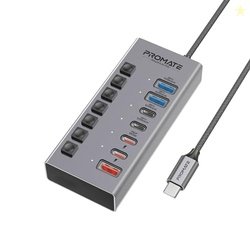 Promate 7-in-1 USB-C MultiPort Hub, Dual USB-C and USB-A Ports with 10