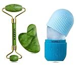 3D Manual Roller Face Body Massager With And Anti Aging 100% Natural Jade Stone Roller Msagger With Gua Sha Tools for Face and Body Massager- (NEW blue+Stone)