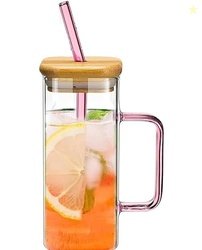 HEJISUN Reusable Glass Tumbler with Wooden Lids and Straws, Glass Iced