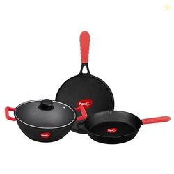 Pigeon Imperi Cast Iron Cookware 4 Pcs Set Tawa 25cm,Fry Pan 22cm,Kada