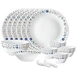 Larah by Borosil Silk Series Blue Iris Opalware Dinner Set | 27 Pieces for Family of 6 | Microwave & Dishwasher Safe | Bone-Ash Free | Crockery Set for Dining & Gifting | Plates & Bowls | White