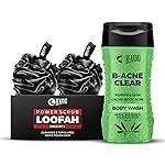 Beardo B-acne Clear Body Wash 200ml & Power Scrub Loofah Pack of 2 (Set of 2) | Acne-Fighting Body Wash With Neem, Tea Tree and Salicylic Acid | Deep Cleansing & Exfoliating Scrub with Loofah for Men – Prevent Body Acne & Pimples | Ideal for Oily & Acne-P