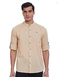HammerSmith Men's Casual Millennium Fit Shirt (HSCSM043_Beige 2 L)