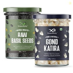 Greenfinity Basil Seeds & Gond Kateera Combo | 200g Sabja Seeds + 100g
