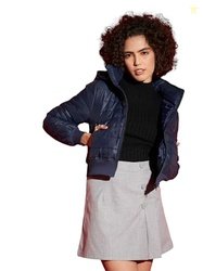 Navy Hooded Crop Bomber Jacket