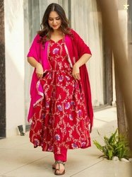 Fashion Basket Floral Printed Pleated Jacquard Anarkali Kurta With Tro
