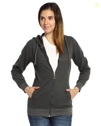 Campus Sutra Women's Grey Zip-Front Horizontal Striped Hoodie for Casu
