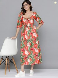 Mast & Harbour Floral Print Puff Sleeve Satin A-Line Midi Dress