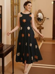 GoSriKi Women Floral Printed Round Neck Plus Size Fit & Flare Midi Dre