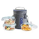 Treo by Milton All Fresh Borosilicate Glass Lunch Box Set of 3, Clear, 400 ml Each with Durable Lunch Bag, Microwave & Dishwasher Safe, Leakproof Containers, Office Tiffin