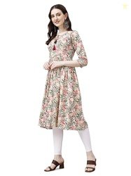 OBF Women's Rayon Printed Anarkali Kurti_Multicolour (X-Large, Red-Gre
