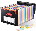 Accordion File Organizer, 24 Pockets Expanding File Folders, Portable Letter A4 Size Filing Box with Colored Labels and Expandable Cover, Monthly Bill Receipt Documents Organizer Black