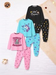 YK X Trampoline Pack Of 3 Girls Printed T-shirt & Pyjama