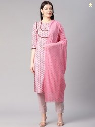 Sringam Women Pink Ethnic Motifs Regular Pure Cotton Kurta with Trouse