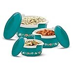 MILTON Elegance Jr. Inner Stainless Steel Casserole Gift Set Of 3 (395 Ml, 750 Ml, 1.35 Litres), Green | Pu Insulated | Bpa Free | Food Grade | Hot & Cold | Easy To Carry, Blue-Green