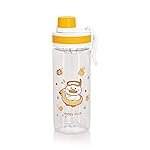 Attro Champ 550ml Cute and Convenient Cartoon Printed Kids Plastic Water Bottle with Designer Hand Strap & Flip Lid BPA-Free-Perfect for School,Sports and Travel -Beige