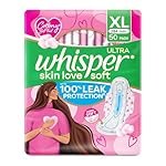 Whisper Ultra Skin Love Soft Sanitary Pads for Women, XL 50 Pads, Cottony Soft Feel, Upto 100% Leak* Protection, Disposable Wrapper, Locks Odour & Wetness (Product Does Not Contain Cotton) (*Based on P&G Technical Data)