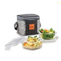 CELLO Glassy Square Lunch Box Set of 2 Pcs (320ml x 2) with Jacket For