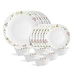CELLO Secret Garden Dazzle Series Opalware Dinner Set of 18 Pieces for Family of 4 | Bone-Ash Free & Leadfree Opal Glass, Microwave & Dishwasher Safe, Plates & Bowls Crockery Set for Dining & Gifting