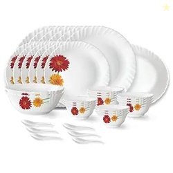 Larah by Borosil Zinnia Fluted Series Opalware Dinner Set | 33 Pieces