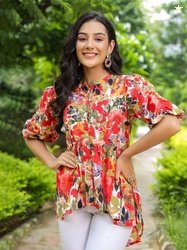 Rain & Rainbow Floral Printed Band Collar Cotton High-Low Top