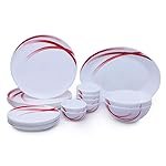 Larah by Borosil – Moon Series, Red Stella 21 Pieces Opalware Dinner Set, White