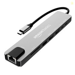 Amazon Basics USB Type-C Hub Dock, 8-in-1 HDCP Aluminium Adapter with