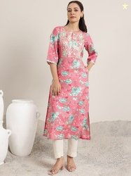Gerua By Libas Floral Printed Embroidered Notch Neck Kurta