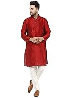 SKAVIJ Men’s Dupion Silk Embroidered Kurta Pajama Mandarin Collar Ethnic Motifs Festive Party Dress