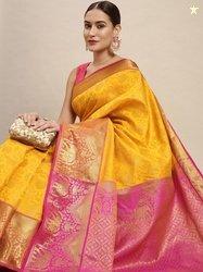 Royal Rajgharana Saree Yellow & Gold Floral Zari Silk Blend Celebrity