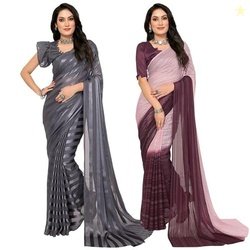 Women's Multicolor Satin Striped Printed Saree with Unstitched Blouse